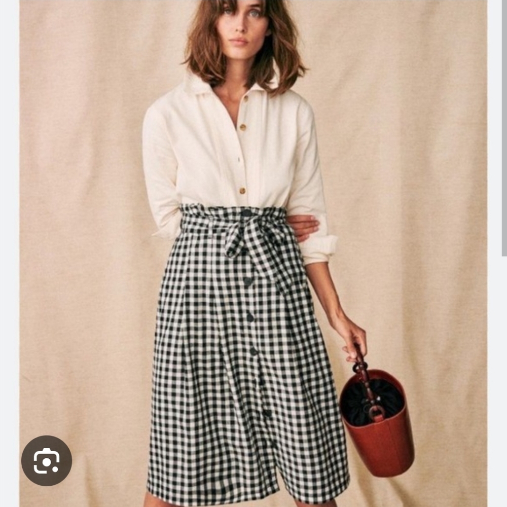 Sezane Black and White Gingham Midi Skirt